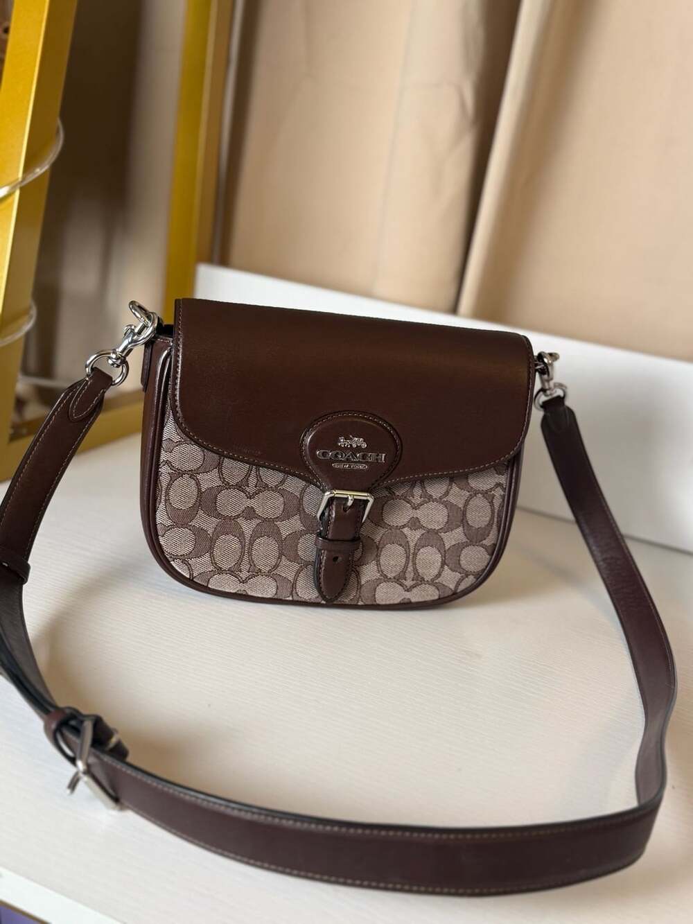 Coach Amelia Saddle Bag In Signature Jacquard Brown